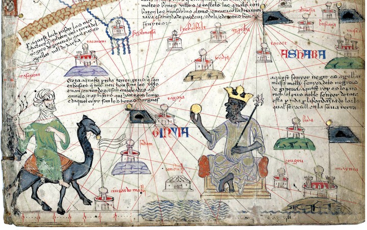Mansa Musa, the king of Mali, approached by a Berber on camelback; detail from <i>The Catalan Atlas</i>, attributed to the Majorcan mapmaker Abraham Cresques, 1375